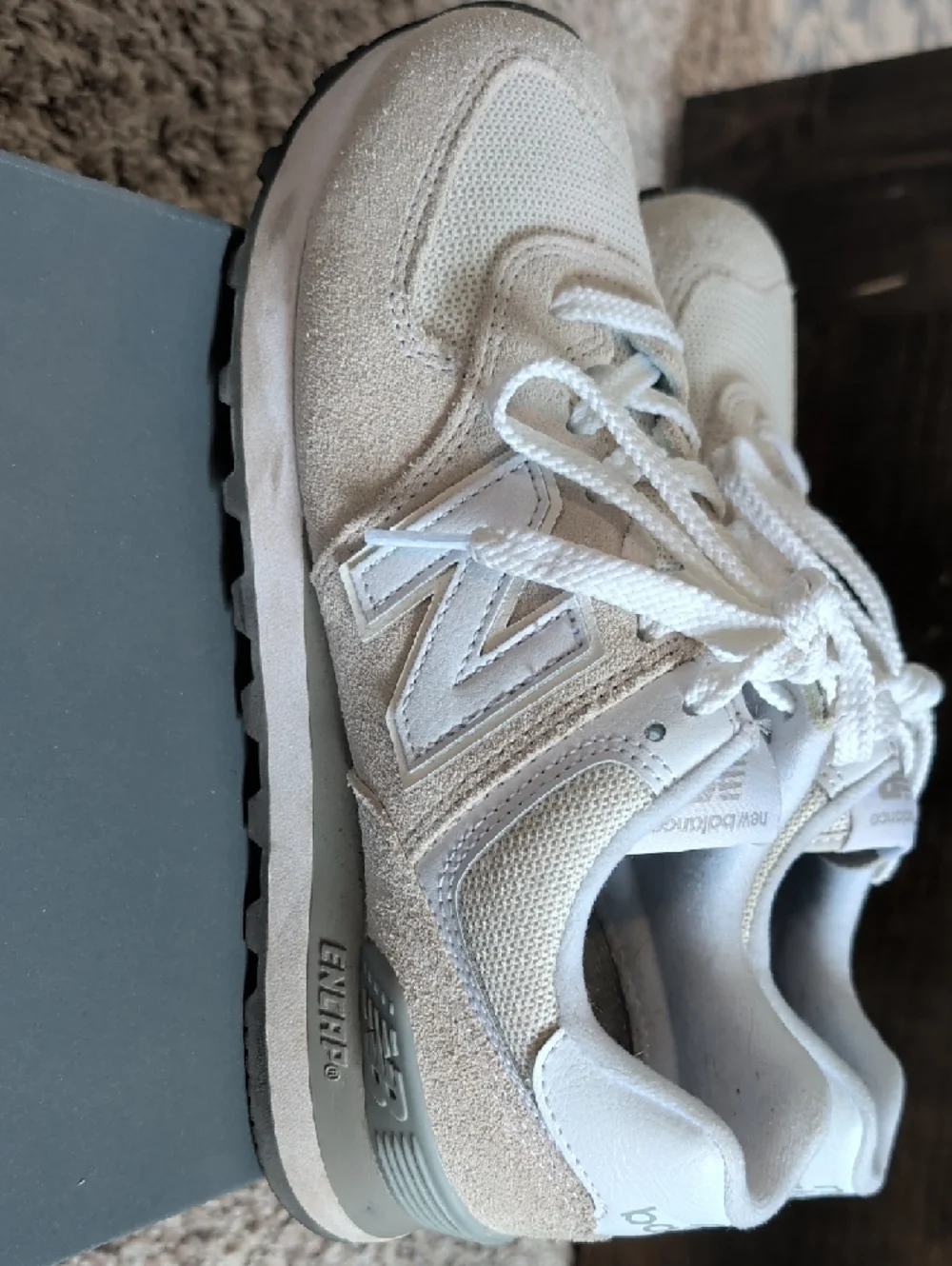 New Balance Beige and White 574 Lifestyle Sneakers - Picture 3 of 7